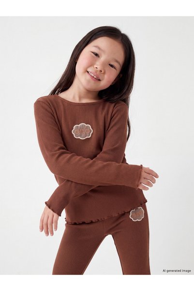 LC Waikiki Özmarka New Season Brown Embroidered Girls' T-Shirt