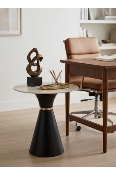 IN HOME STORE Modern Design Side Table Black Base Beige Surface