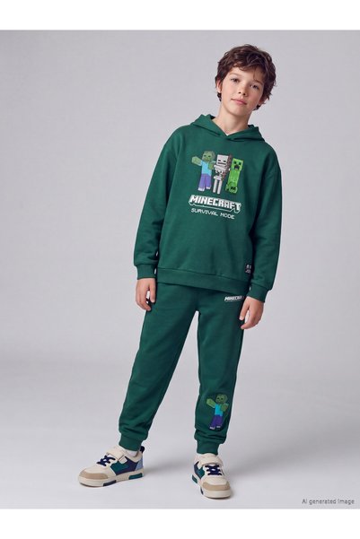 LC Waikiki Özmarka New Season Green-Printed Boys' Thick Sweatsuit Set