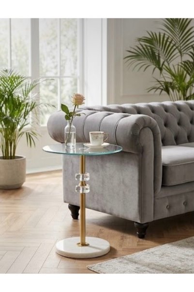 IN HOME STORE Modern Design Side Table with Glass Top and Gold Marble Base