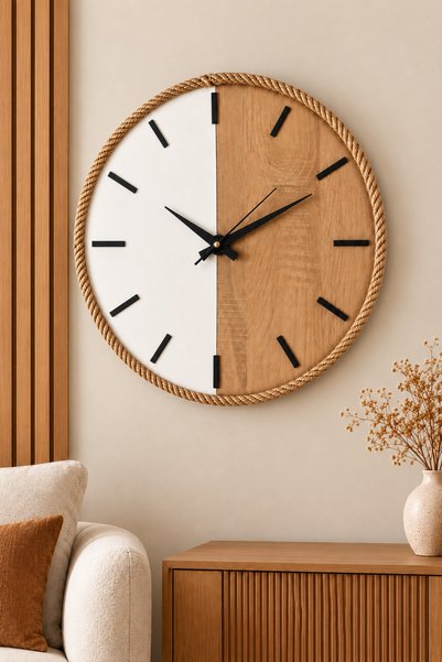 İnfigo Concept Dekoratif Ahşap Jüt İp Halat Çerçeveli Sessiz Duvar Saati 42 c...