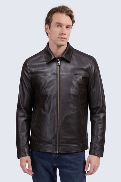 Hatemoğlu Brown Regular Fit Baby Collar 100% Genuine Leather Coat