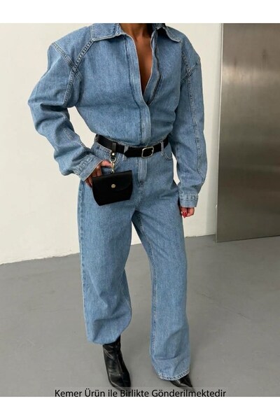 HerTon Kadın Uzun Kollu Fermuarlı Wide Leg Denim Kot Tulum