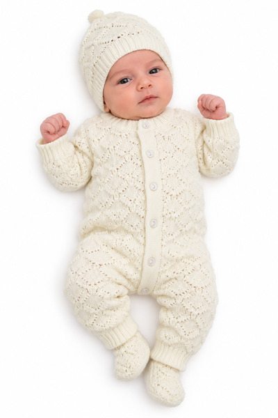 bebegen Şapkalı Patikli Yün Triko Örgülü Krem Rengi Unisex Bebek Tulum
