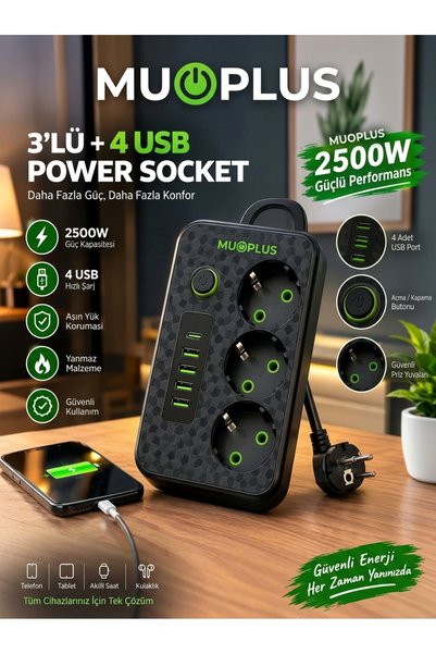 muoplus Termal Akım Korumalı 3 Priz 2 Usb 1 Type-c Girişli 2m Kablolu Üçlü Priz