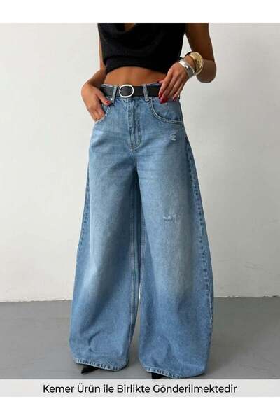 HerTon Kadın Baggy Denim Pantolon Yırtıklı Salaş Kesim Kot Pantolon