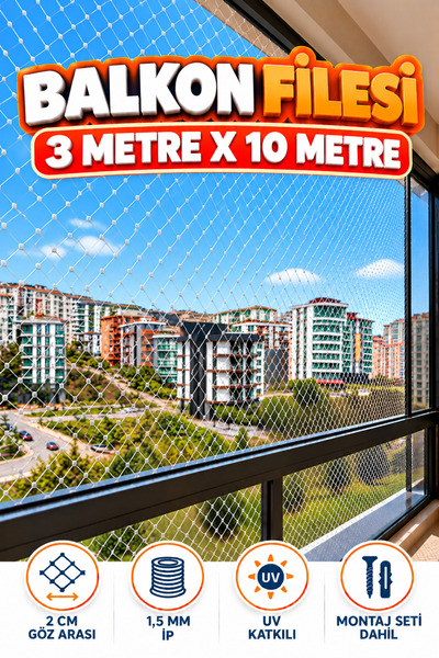 KONAK FİLE 3 METRE x 10 METRE Balkon Kuş Koruma Önleme Engelleme Filesi Güvenlik Güvenliği Koruması Filesi Ağı