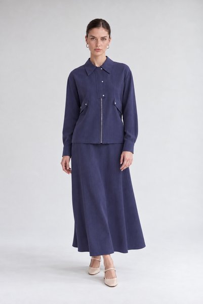 Levidor Pocket Detailed Zippered Skirt Set Navy Blue
