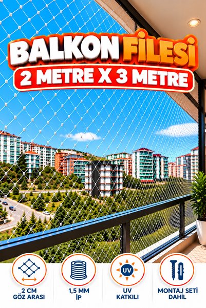KONAK FİLE 2 METRE x 3 METRE Balkon Kuş Koruma Önleme Engelleme Filesi Güvenlik Güvenliği Koruması Filesi Ağı