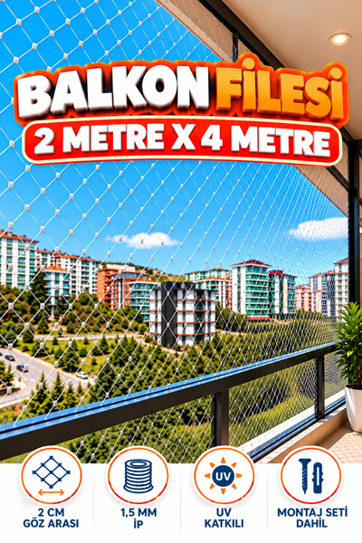 KONAK FİLE 2 METRE x 4 METRE Balkon Kuş Koruma Önleme Engelleme Filesi Güvenlik Güvenliği Koruması Filesi Ağı