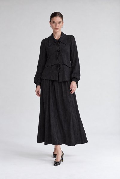 Levidor Black Ruffled Tie Detail Skirt Set