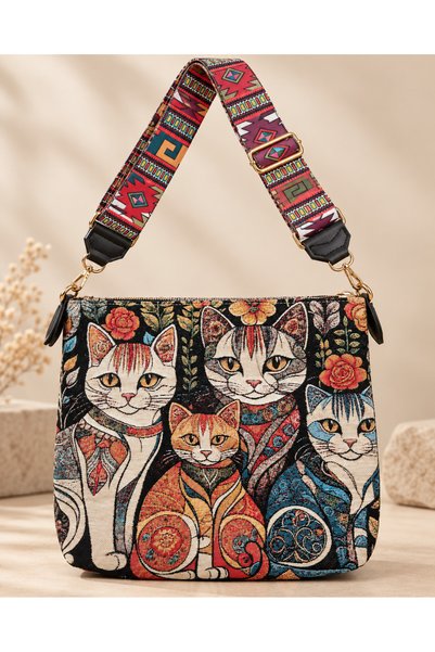 Genel Markalar goblen omuz çantası kedi desen otantik dokuma