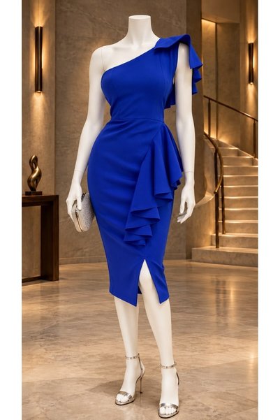 Modafeminen Scuba Fabric One-Shoulder Flounce Split Evening Dress 582150 Coba...