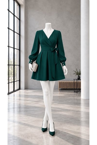 Modafeminen Rochie mini de seară cu mâneci lungi, decolteu dublu și șireturi ...
