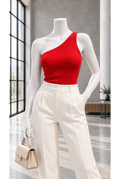 Modafeminen Red One-Shoulder Strap Blouse Tr0288