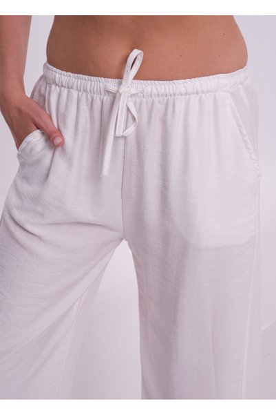 COTTONLAB Pantaloni albi cu efect de in, croială lejeră, cu talie legată la t...