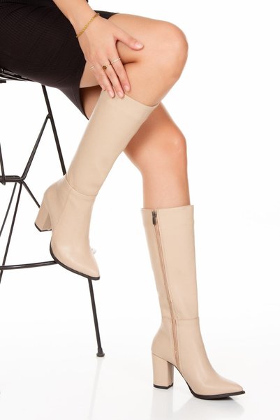 Limeo Women's Nut High Heeled Leather Look Long Boots