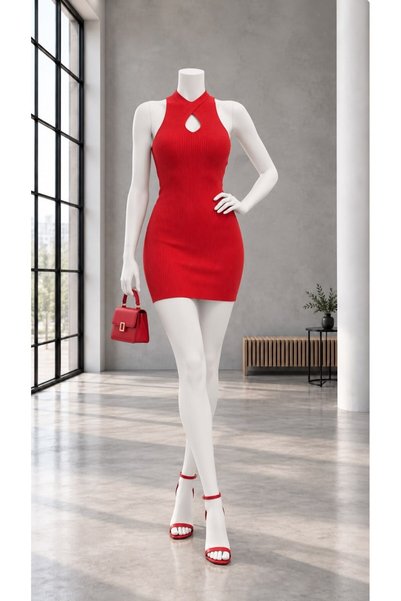 Modafeminen Red Halter Neck Window-Pane Knitwear Dress Tr0297