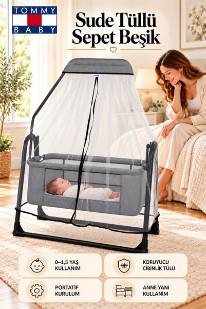 Tommybaby Sude Tüllü Sepet Beşik Sallanabilir Bebek Beşiği Tüllü Beşik