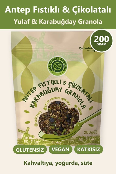 GLUTENSİZ FABRİKA Antep Fıstıklı ve Çikolatalı Yulaf & Karabuğday Granola 200...