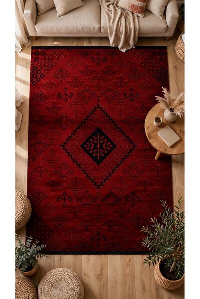 Giza Home Afgan Türkmen Otantik Desenli Bordo Oturma Odası Salon Mutfak Halıs...