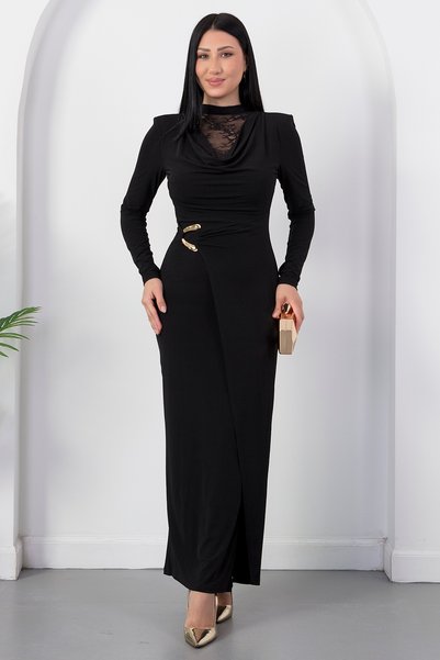 PULLIMM Degaje Yaka Dantel Detay Tokalı Elbise GRS4176