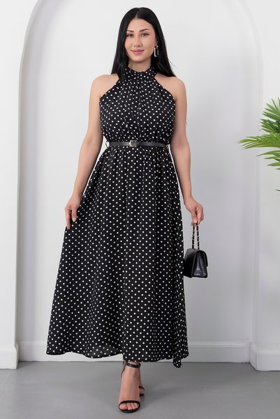 PULLIMM Halter Neck Leather Belted Polka Dot Dress K-261729