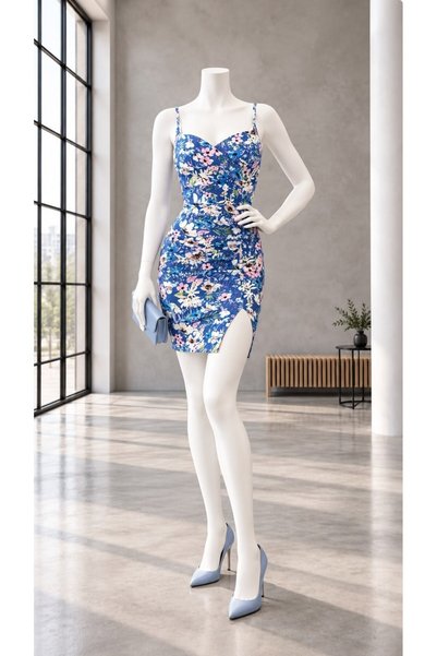 Modafeminen Cobalt Blue Floral Patterned Strappy Sweetheart Neckline Scuba Sl...