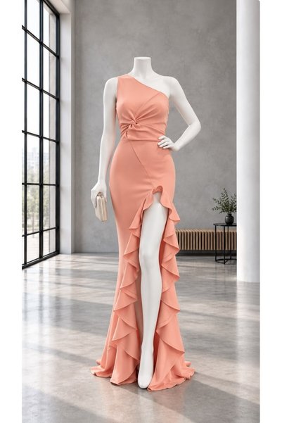 Modafeminen One-Shoulder Knot Detail Slit Long Scuba Fabric Evening Dress Pud...