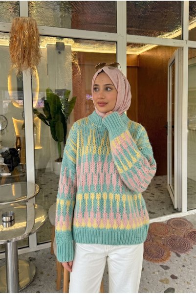 Trend Paris سترة نسائية منسوجة بنمط عرقي، ياقة دائرية، فضفاضة - مقاس قياسي أخ...
