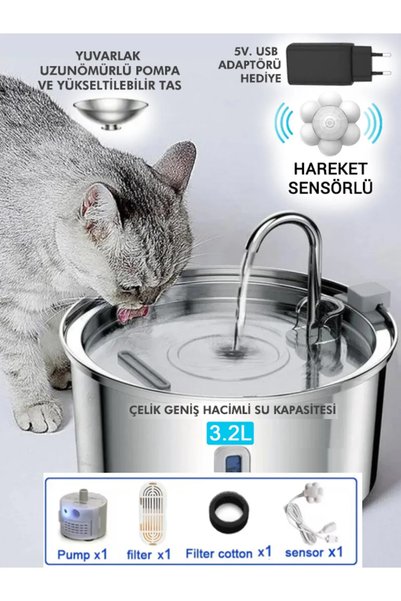 NiceLand Paslanmaz Çelik Kedi Köpek Için Otomatik Su Pınarı Su Çeşmesi Su Sebili 3.2 Lt HAREKET SENSÖRLÜ
