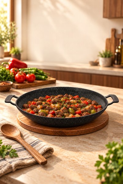 HASCHEF Zümrüt Döküm Koku Tutmaz Granit Kaplama Saç Kavurma 34 Cm