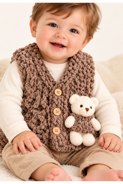 NEHOLİA 0-12 Months Baby Kids Vest with Teddy Bear, 3 Buttons, Hair Braid Pat...