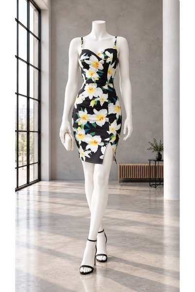 Modafeminen Desen1 Floral Patterned Strappy Sweetheart Neckline Scuba Slit Pe...