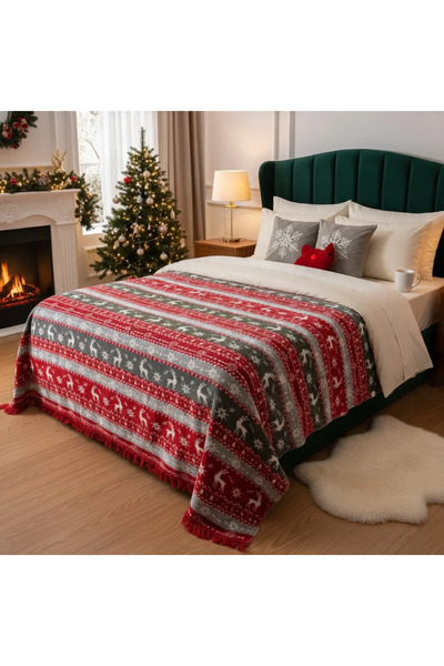 Nixa Deer and Snowflake Patterned Cotton Tassel Double Blanket 180X200 cm