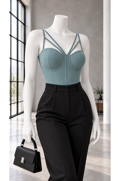 Modafeminen Krep Kumaş İnce Askılı CROP 582495 KOYU MİNT