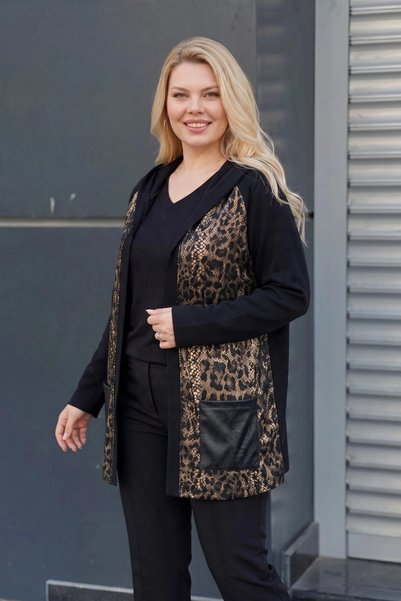 aytemas Hooded Leopard Patterned Cardigan with Pockets