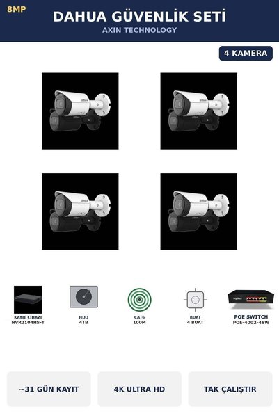 DAHUA 4 Kameralı 8MP Güvenlik Kamera Seti 4K 8MP IP PoE Bullet Dış Mekan 4TB ...