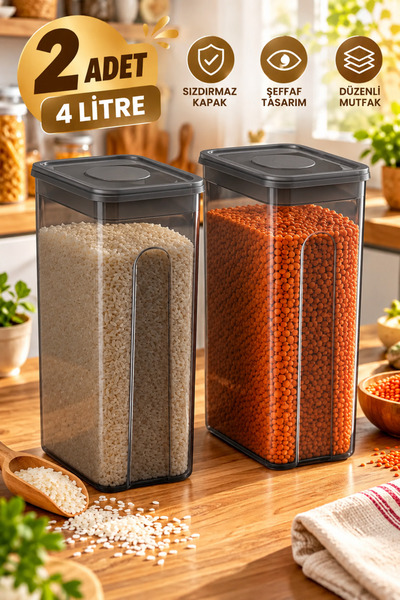 House Bird 2 Adet 4 Litre Şeffaf Füme Sızdırmaz Erzak Saklama Kabı Bakliyat K...