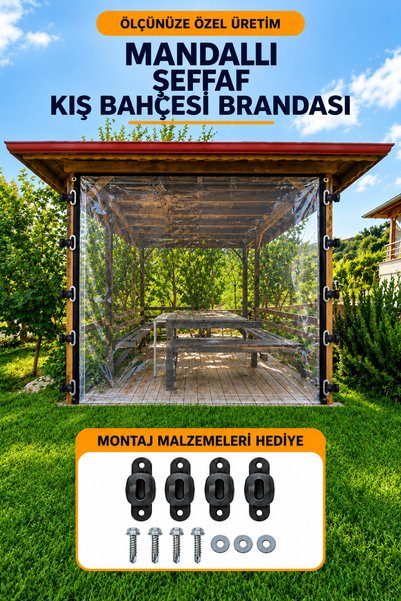Morilu MANDALLI ŞEFFAF Kamelya Balkon Kapama BRANDA PERDESİ, MONTAJ Malzemeli...