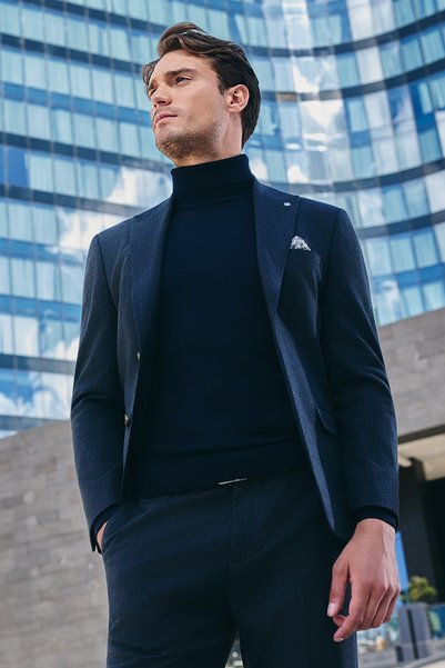 İmza Navy Blue Swallow Collar Striped 6 Drop Slim Fit Full Lining Flexible Su...