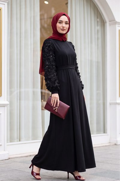 HİJABAYA Kabartma Çiçekli Tül Kollu Maxi Boy Bisiklet Yaka Tesettür Kemerli E...