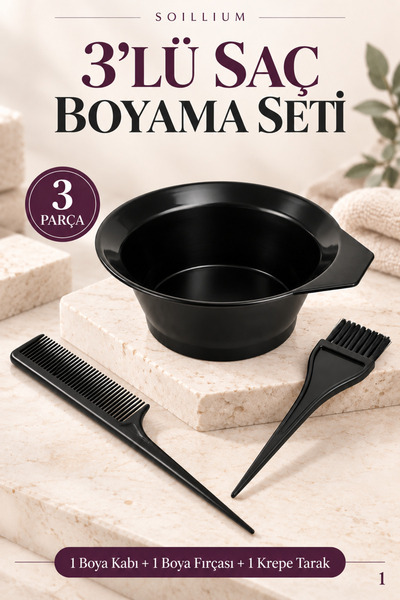 Soillium 3lü Set Saç Boyası Kabı Tası Boya Fırçası Ve Krepe Tarak Kuaför Saç ...