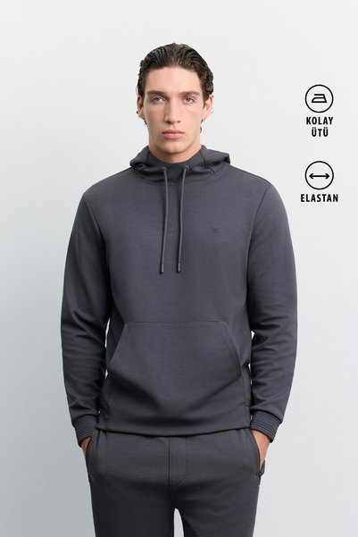 Avva Men's Anthracite Hooded Easy-Iron Interlock Regular Fit Sweatshirt B001034