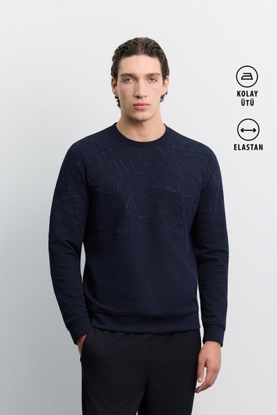 Avva Men's Navy Blue Crew Neck Embroidered Interlock Regular Fit Sweatshirt A...
