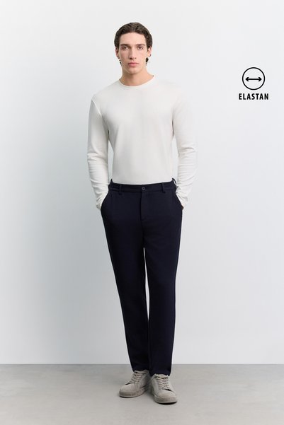 Avva Men's Navy Blue Side Elasticated Ribbed Elastane Slim Fit Trousers A62Y3080