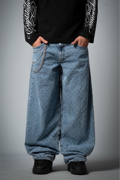 GRJ denim Light Blue Checkered Baggy Fit Blue Men's Denim Trousers