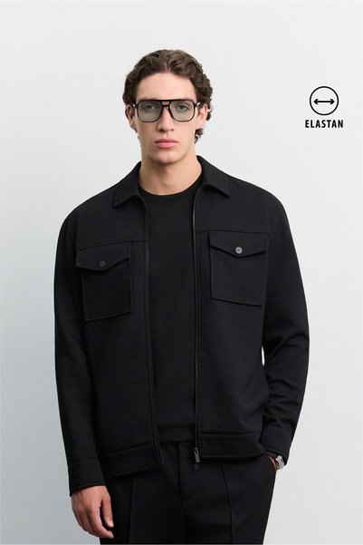 Avva Erkek Siyah Klasik Yaka Elastan Uzun Kollu Comfort Fit Gömlek Ceket A62Y...