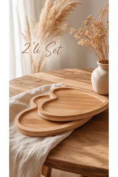 BONOVE Kalpli Bambu Sunumluk - 2'li Set Kalp Şekilli Servis Tabağı