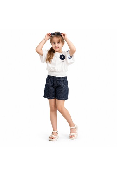 Other Girls' White and Navy Blue Embellished Top and Shorts Set